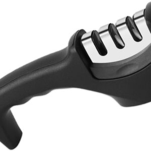 Manual Knife Sharpener – 3-Stage Kitchen Tool – Coarse Grind, Fine Sharpen, Polish, Tungsten Steel Blades for Razor Edge, Ergonomic Handle, Safe for Home & Chef Use