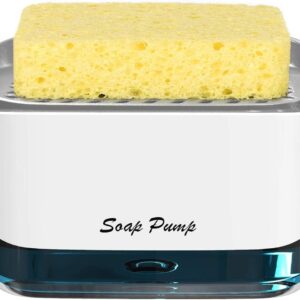 Soap Dispenser with Sponge Holder – Sink Organizer – One-Hand Pump, Space-Saving Design, Refillable 12oz Container, No-Mess Cleaning, Kitchen & Countertop Use