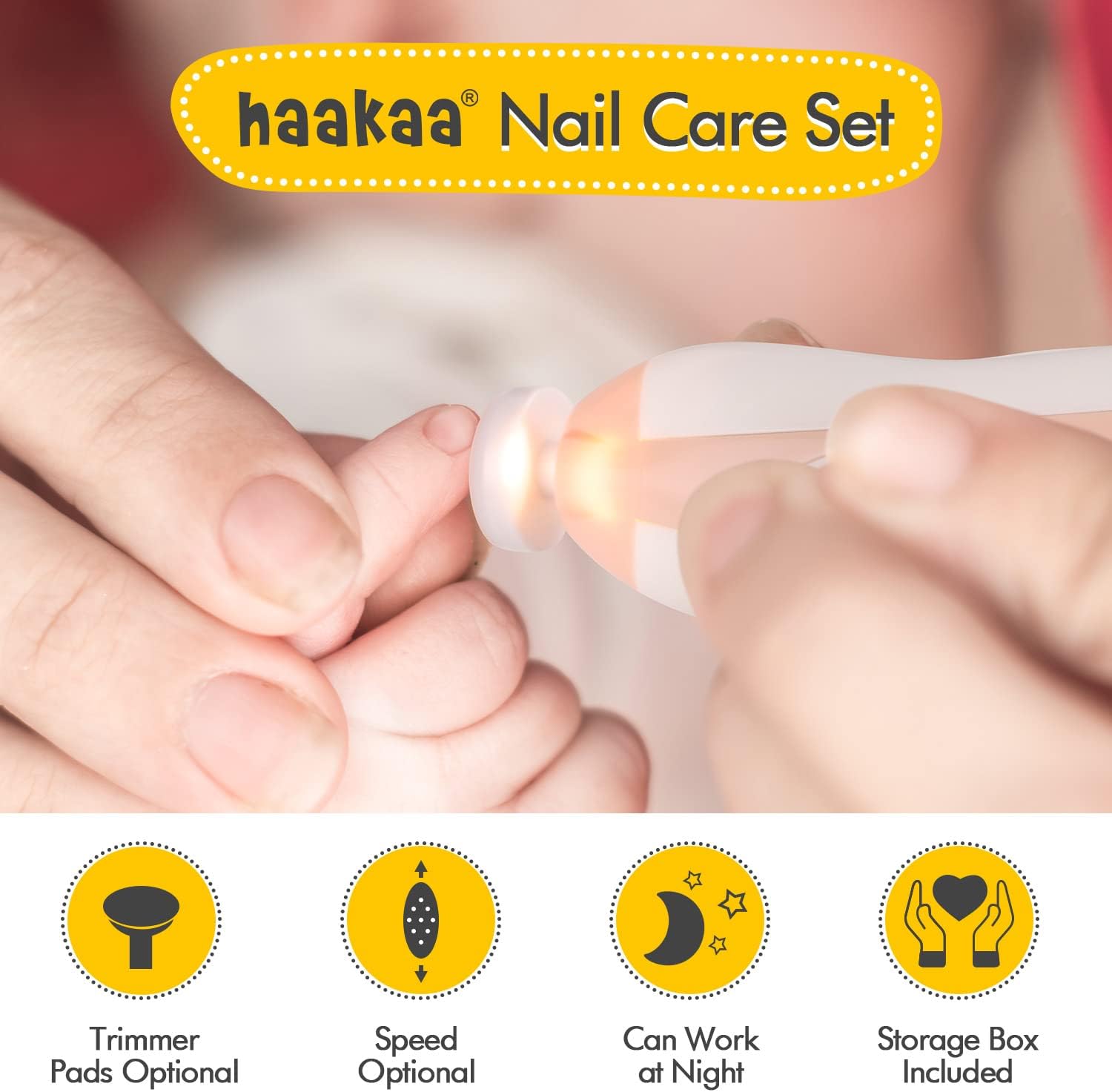 Electric baby nail file with LED light and 6 soft heads for newborns and toddlers—quiet motor, safe trimming, and travel case included. - Image 2