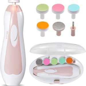 Electric baby nail file with LED light and 6 soft heads for newborns and toddlers—quiet motor, safe trimming, and travel case included.
