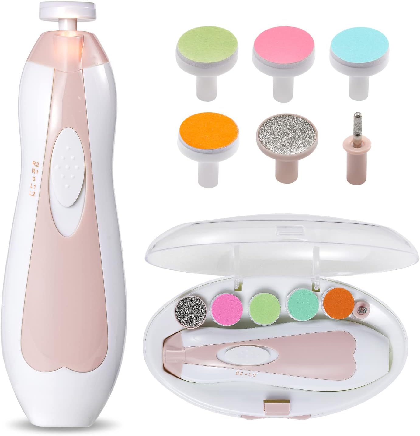 Electric baby nail file with LED light and 6 soft heads for newborns and toddlers—quiet motor, safe trimming, and travel case included.