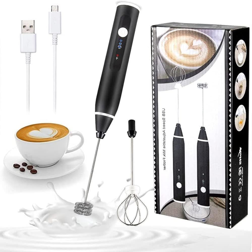 Electric Milk Frother – 3-Speed Portable Handheld Mixer with USB Charging – Mini Blender with Dual Heads for Cappuccino, Latte, Foam – Compact Coffee Tool for Home & Café – Black White