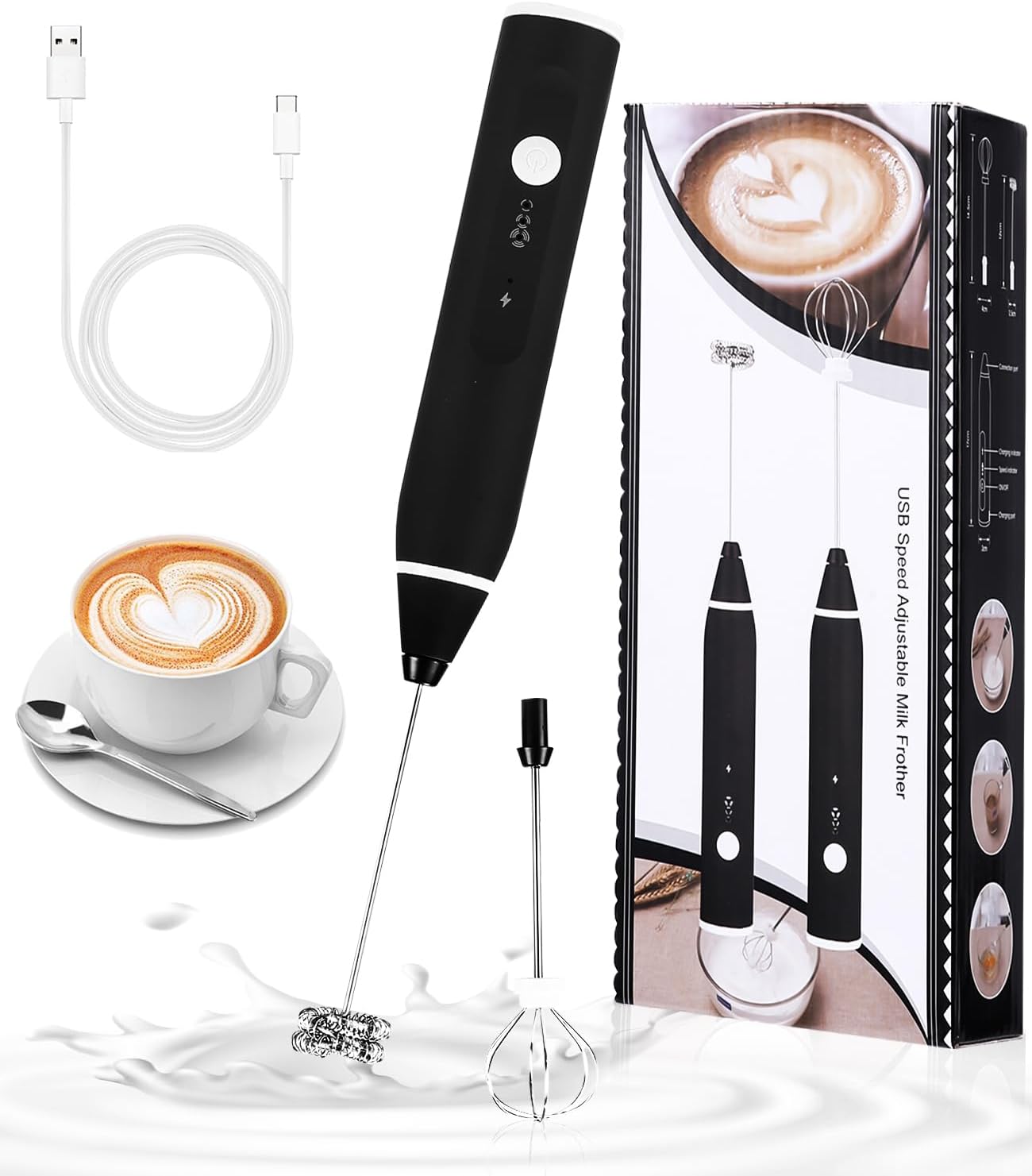 Electric Milk Frother – 3-Speed Portable Handheld Mixer with USB Charging – Mini Blender with Dual Heads for Cappuccino, Latte, Foam – Compact Coffee Tool for Home & Café – Black White - Image 2