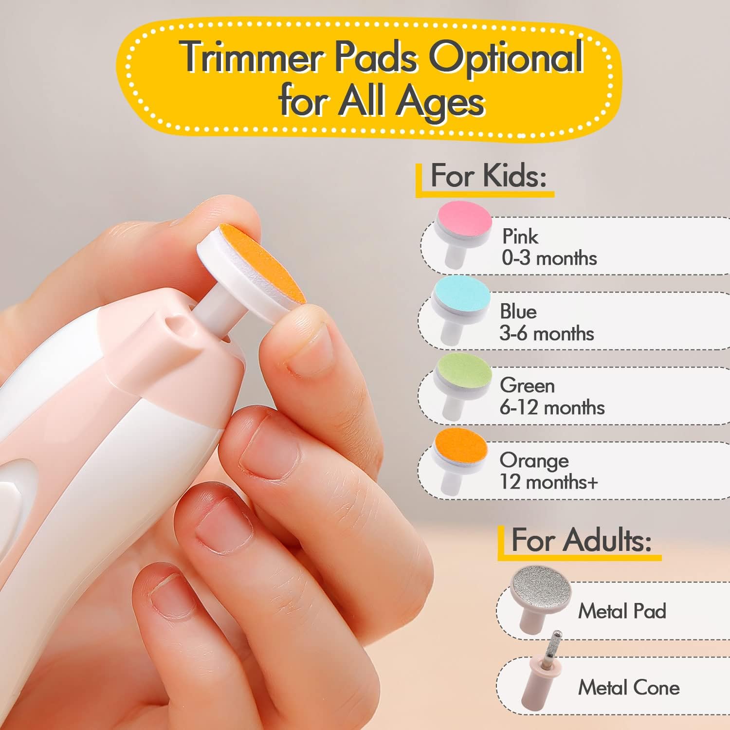 Electric baby nail file with LED light and 6 soft heads for newborns and toddlers—quiet motor, safe trimming, and travel case included. - Image 3