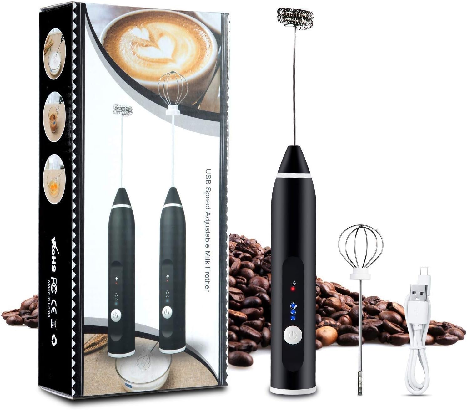 Electric Milk Frother – 3-Speed Portable Handheld Mixer with USB Charging – Mini Blender with Dual Heads for Cappuccino, Latte, Foam – Compact Coffee Tool for Home & Café – Black White - Image 3