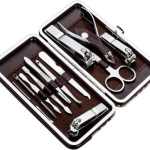 Manicure Kit – Pedicure Grooming Set – 12 Stainless Steel Tools, Professional Nail Clippers, Multipurpose Care for Fingernails & Toenails, Portable Travel Case for Home or Trips