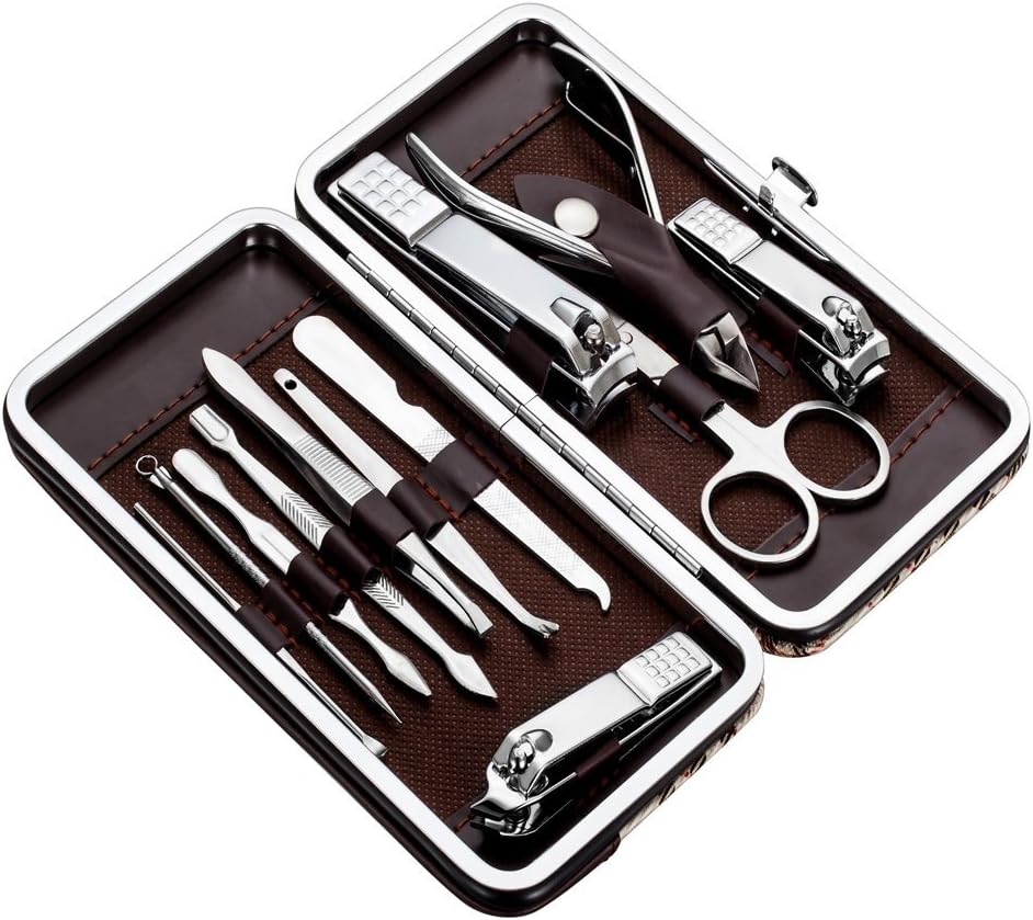 Manicure Kit – Pedicure Grooming Set – 12 Stainless Steel Tools, Professional Nail Clippers, Multipurpose Care for Fingernails & Toenails, Portable Travel Case for Home or Trips
