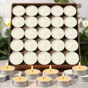 Tea Light Candles – White Smokeless Dripless Tealights – Long Lasting Burn, Unscented, Bulk Pack of 100, Perfect for Wedding Centerpieces, Shabbat, Romantic Dinner, Party & Home Decoration