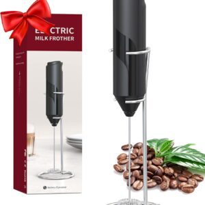 Milk Frother – Battery Operated Handheld Whisk – Powerful Foam Maker, Electric Drink Mixer, Mini Size with Stand, For Coffee, Lattes, Cappuccinos, Matcha & More