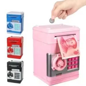 Kids Electronic ATM Piggy Bank – Mini Safe Box with Fingerprint Sensor, Digital Password Lock, Music, and Auto Cash Scroll – Secure Coin & Bill Saving Toy for Boys & Girls (Dog Design)