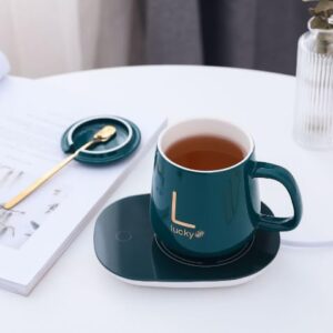 Green Portable Coffee/Tea Warmer - Auto Shut On/Off, Ceramic Cup, Electric Mug Warmer for Office/Home Desk. Set with Lid, Spoon, Heating Pad
