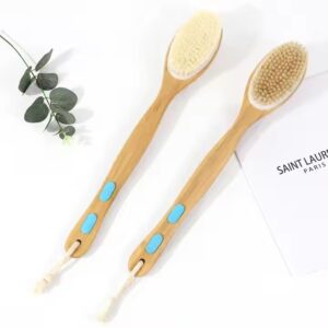 Double-Sided Bamboo Shower Brush with Long Handle – Soft & Firm Bristles for Gentle Exfoliation and Deep Cleansing, Back Scrubber for Bath or Dry Brushing, Ideal for Smooth, Radiant Skin