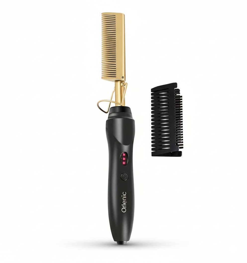 2 in 1 Hair Straightener and Curler Hot Comb, Wet and Dry Electric Styling Brush with Adjustable Temperature, Tourmaline Ceramic Heating, Dual Voltage, LCD Display, Auto Shut-Off, Gold
