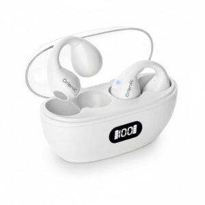 Wireless Bone Conduction Headphones Bluetooth 5.3 with LED Power Display, Deep Bass, Open Ear Clip On Earbuds for Workout, Driving, Studying, Calls, Music, Sports – White