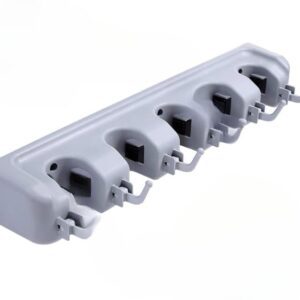 Wall-Mounted Broom & Mop Organizer – 4-Grip Slots & 5 Retractable Hooks, Heavy-Duty ABS Plastic Storage Rack for Garage, Laundry, Kitchen