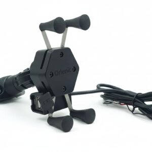 Universal Motorcycle Phone Holder with USB Charger, 360° Rotating Handlebar Mount for 4-6.3 Inch Smartphones, Secure Adjustable Clamp for Motorbike, Bike, Scooter, GPS Devices – Black