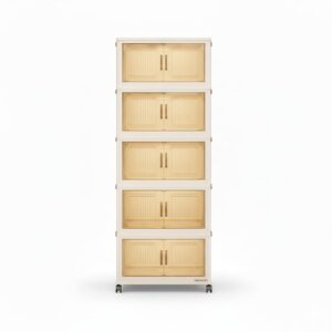 Stackable Storage Bins with Lids, 5 Tier Storage Cabinet with Wheels, Collapsible Closet Organizer, Foldable Clothes Snacks Toys Books Container Case for Bedroom Kitchen Office Garage