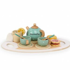 Wooden Tea Set Toy for Kids with Tray, Cups, Teapot, Milk Jug, Spoon, Cookie, Pretend Play Kitchen Accessories for Girls and Boys Ages 3-8, Afternoon Tea Party Set for Toddler Role Play