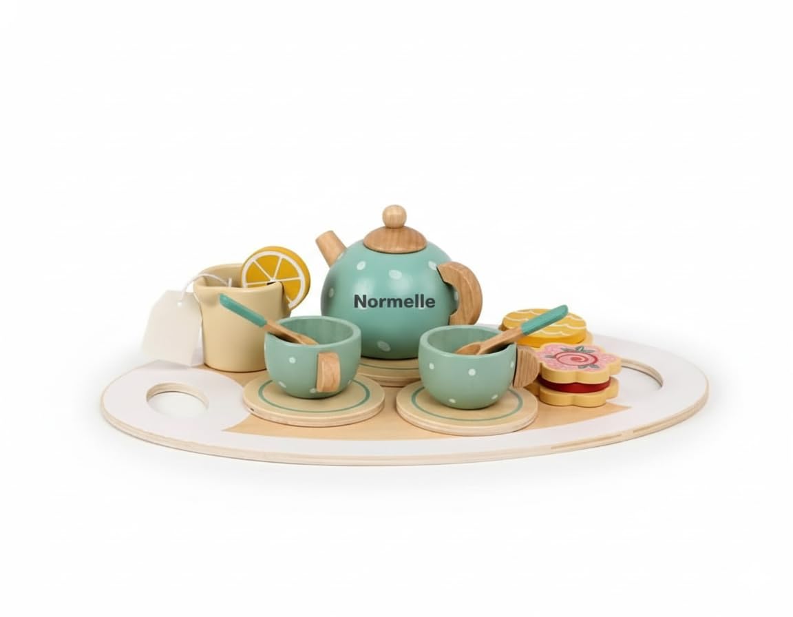 Wooden Tea Set Toy for Kids with Tray, Cups, Teapot, Milk Jug, Spoon, Cookie, Pretend Play Kitchen Accessories for Girls and Boys Ages 3-8, Afternoon Tea Party Set for Toddler Role Play