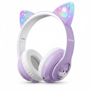 Cat‑Ear Bluetooth Headphones – Wireless Foldable LED Headset with Microphone, Volume‑Safe Mode for Kids & Teens, 8–10 Hours Playtime (Purple)
