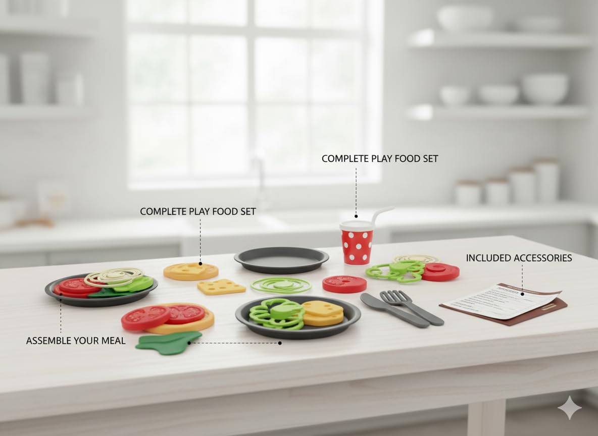 Pizza Play Food Set for Kids, Pretend Kitchen Cooking Toy with Sliced Pizza, Toppings, Dessert, Drinks, Cutlery, Tray, Pizza Box and Order Card, Role Play Food Toy for Boys and Girls Age 3+ - Image 5