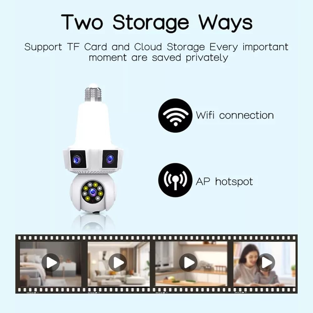 6MP Triple-Lens Wi-Fi Light Bulb Camera – 360° Panoramic Coverage, E27 Plug-In, Two-Way Audio, Color Night Vision, Motion Tracking with Audible Alarm, TF/Cloud Storage - Image 5