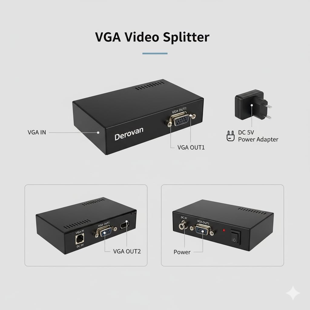 1‑to‑2 VGA Splitter | 1920×1440 Resolution @60 Hz, 200 MHz Bandwidth, Up to 30 m Transmission, Gold‑Plated Connectors, Plug‑and‑Play VGA Duplicator - Image 5