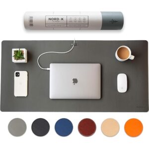 Leather Desk Mat Cable Organizer (Alaskan Gray, 35 x 17 inch) - Premium Extended Mouse Mat for Home Office, Non-Slip Vegan Leather Desk Pad Protector & Blotter