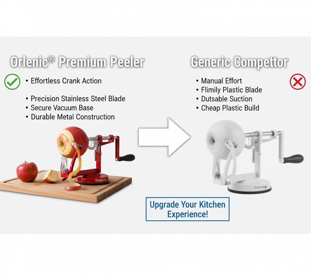 Apple Peeler Corer Slicer Machine with Suction Base – Heavy Duty Cast Iron Spiralizer with Stainless Steel Blades – Rotating Hand Crank Tool for Apples, Potatoes, Fruits, Vegetables – Red - Image 7