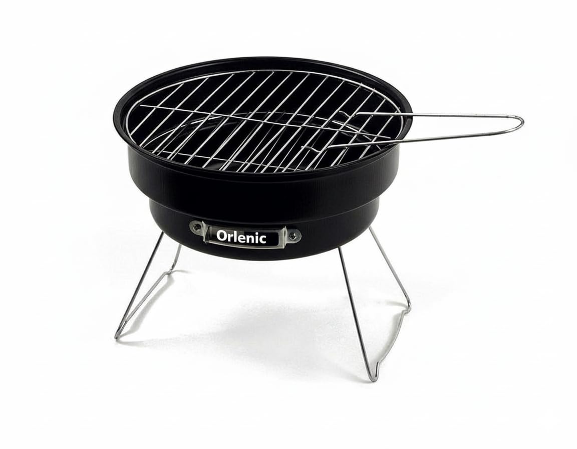 Portable Round Charcoal BBQ Grill – Compact Outdoor Barbecue with Chrome Plated Grates & Enameled Fire Bowl – Camping, Garden, Beach & Picnic Cooking – Easy Fold & Carry