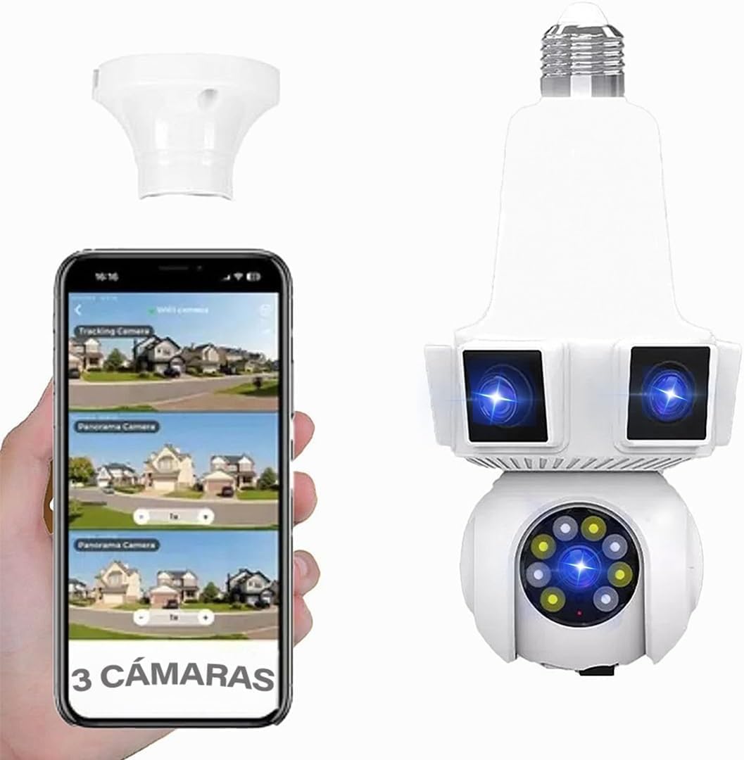 6MP Triple-Lens Wi-Fi Light Bulb Camera – 360° Panoramic Coverage, E27 Plug-In, Two-Way Audio, Color Night Vision, Motion Tracking with Audible Alarm, TF/Cloud Storage