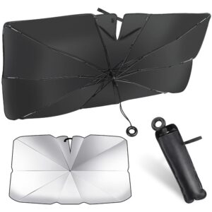 Car Sun Shade for Front Windshield – 2024 Upgrade Pull-Ring Design, Foldable Titanium Silver Umbrella, Blocks UV Rays & Heat, Sun Visor Protector for Cars, SUVs & Trucks – 140cm x 74cm