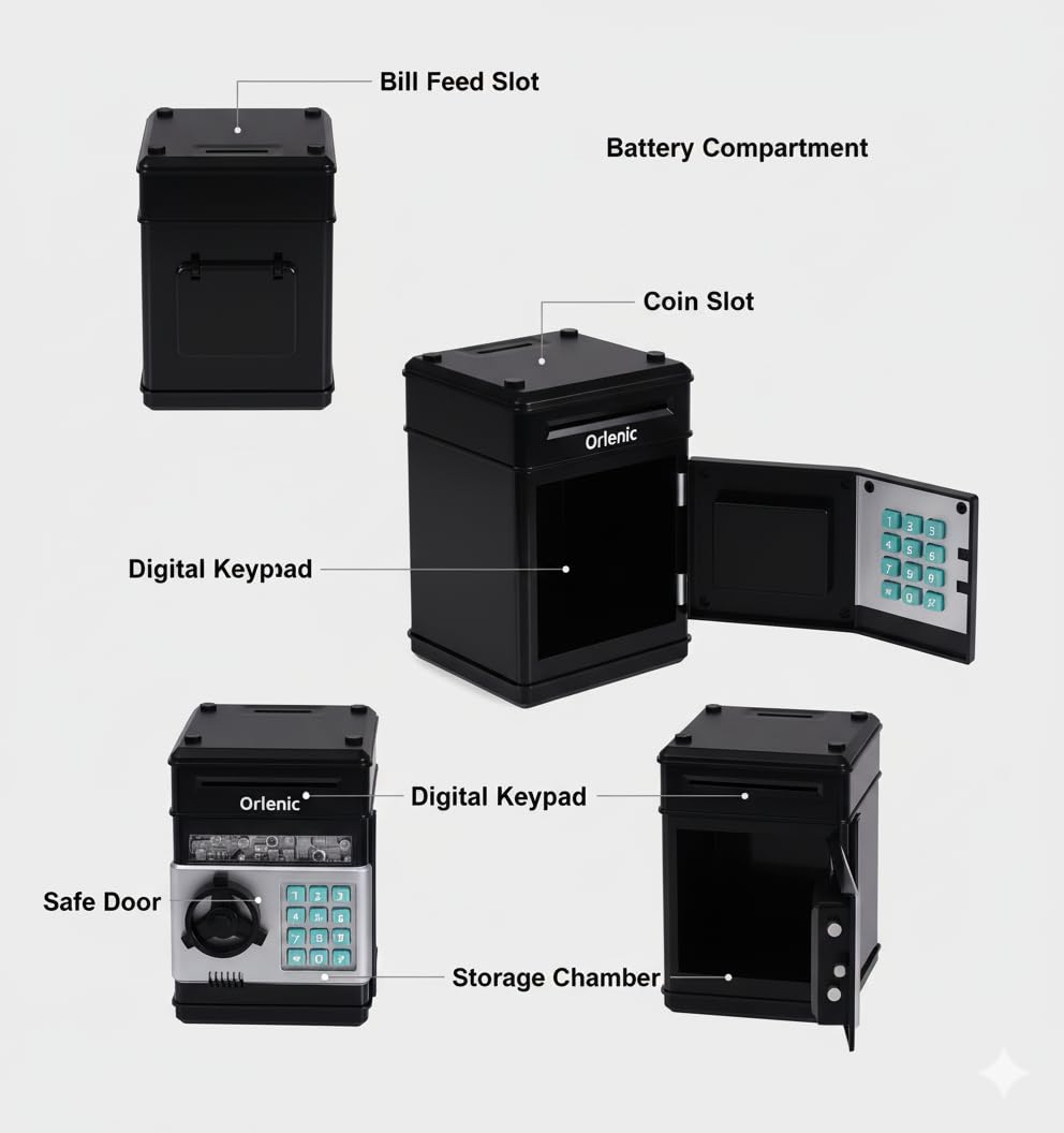 Kids Electronic Piggy Bank ATM for Boys Girls Age 3-12 – Password Protected Money Safe with Lights Sound – Mini Cash Coin Saving Box Toy with Auto Note Slot – Birthday Gift for Children Black - Image 5