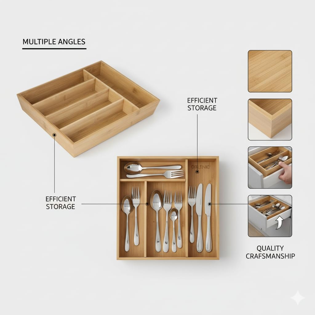 Bamboo Kitchen Drawer Tool Organizer – Rectangular Cutlery Tray for Utensils, Spoons, Forks & Tools | Natural Wooden Storage Box with Compartments for Home, Office & Desk Organization - Image 5
