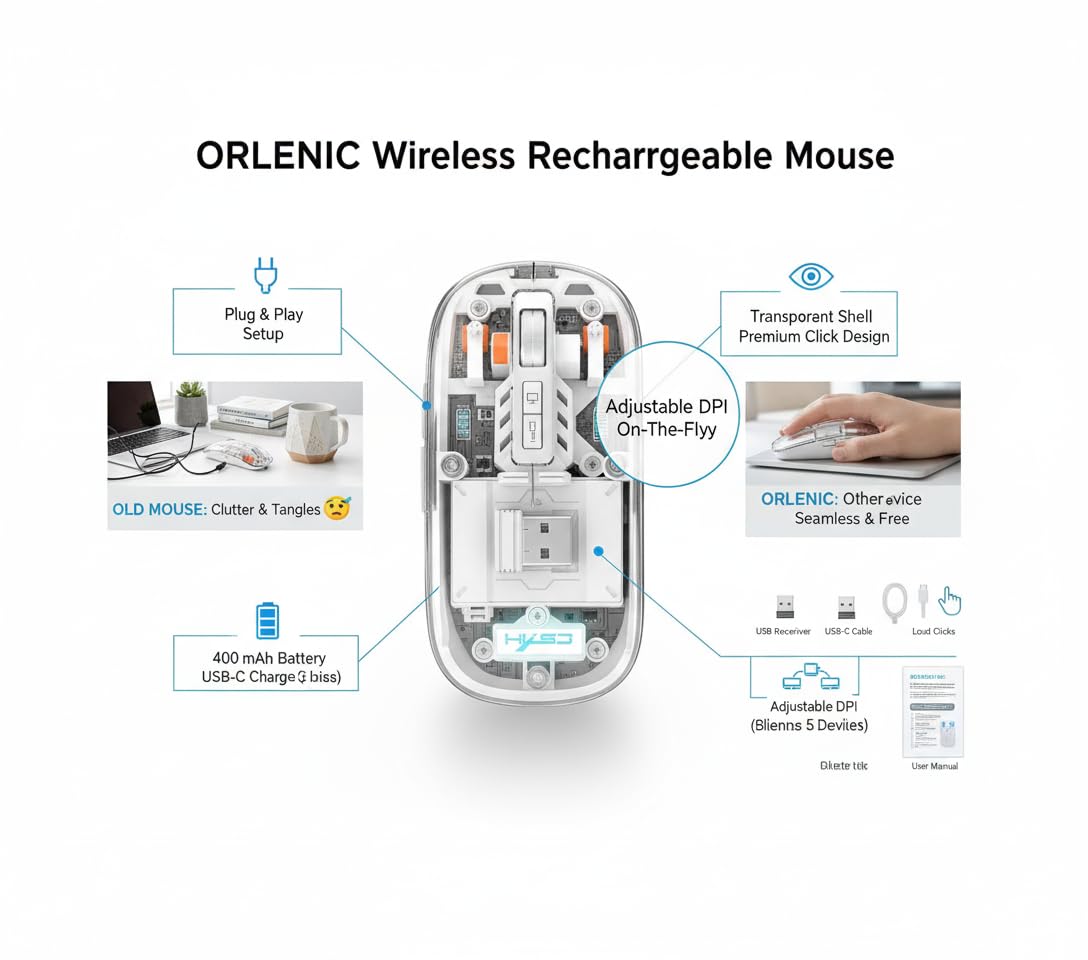 Wireless Mouse with Bluetooth 5.1 and 2.4G Dual Mode, Transparent Shell, Rechargeable Silent Click Design, Adjustable DPI, LED Battery Display, Lightweight Portable Optical Mouse - Image 5