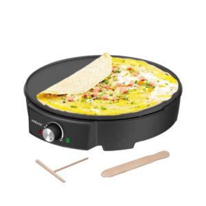 Electric Crepe Maker by CrepeKing, 12-Inch Nonstick Griddle with Adjustable Temperature Control, LED Indicator, Wooden Spatula & Batter Spreader Included - Perfect for Pancakes
