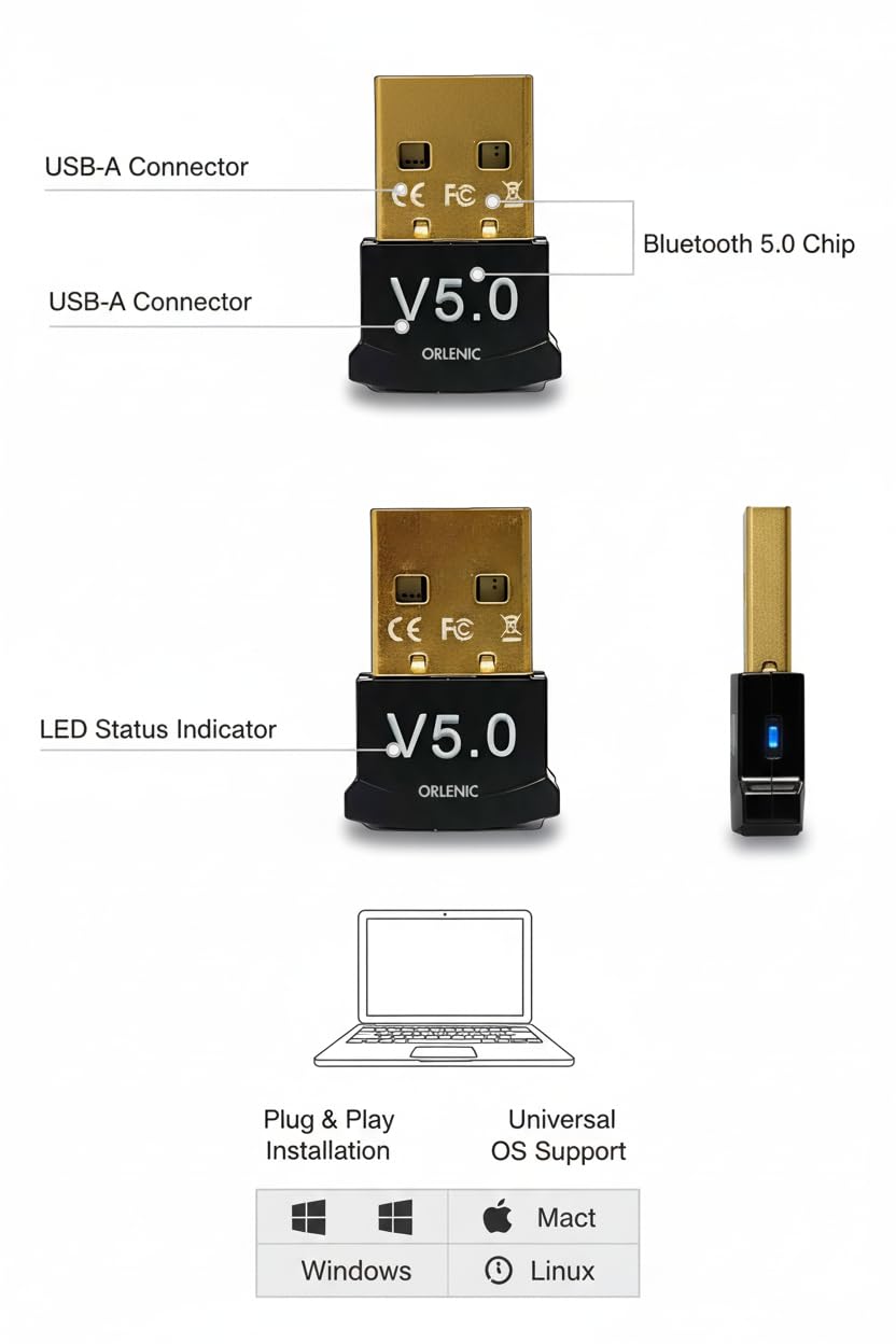 USB Bluetooth 5.0 Dongle Adapter for PC Laptop Desktop – Mini Wireless Audio Receiver Plug and Play – Supports Mouse Keyboard Printer Headset Speaker Gamepad – Compatible with Windows - Image 5