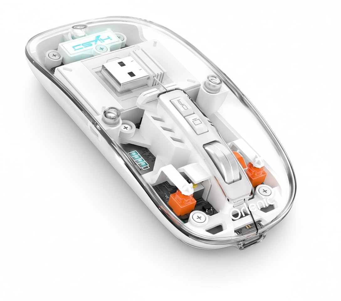 Wireless Mouse with Bluetooth 5.1 and 2.4G Dual Mode, Transparent Shell, Rechargeable Silent Click Design, Adjustable DPI, LED Battery Display, Lightweight Portable Optical Mouse