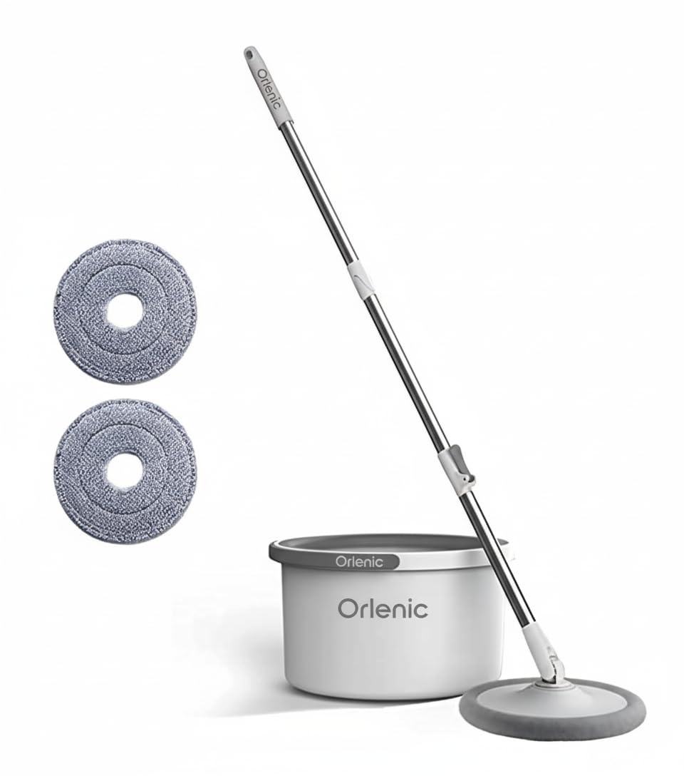 Spin Floor Mop and Bucket Set with Self-Cleaning System, Professional Home Floor Cleaning Kit with Aluminum Telescopic Handle and 4 Reusable Microfiber Pads for Hardwood, Tile, Vinyl