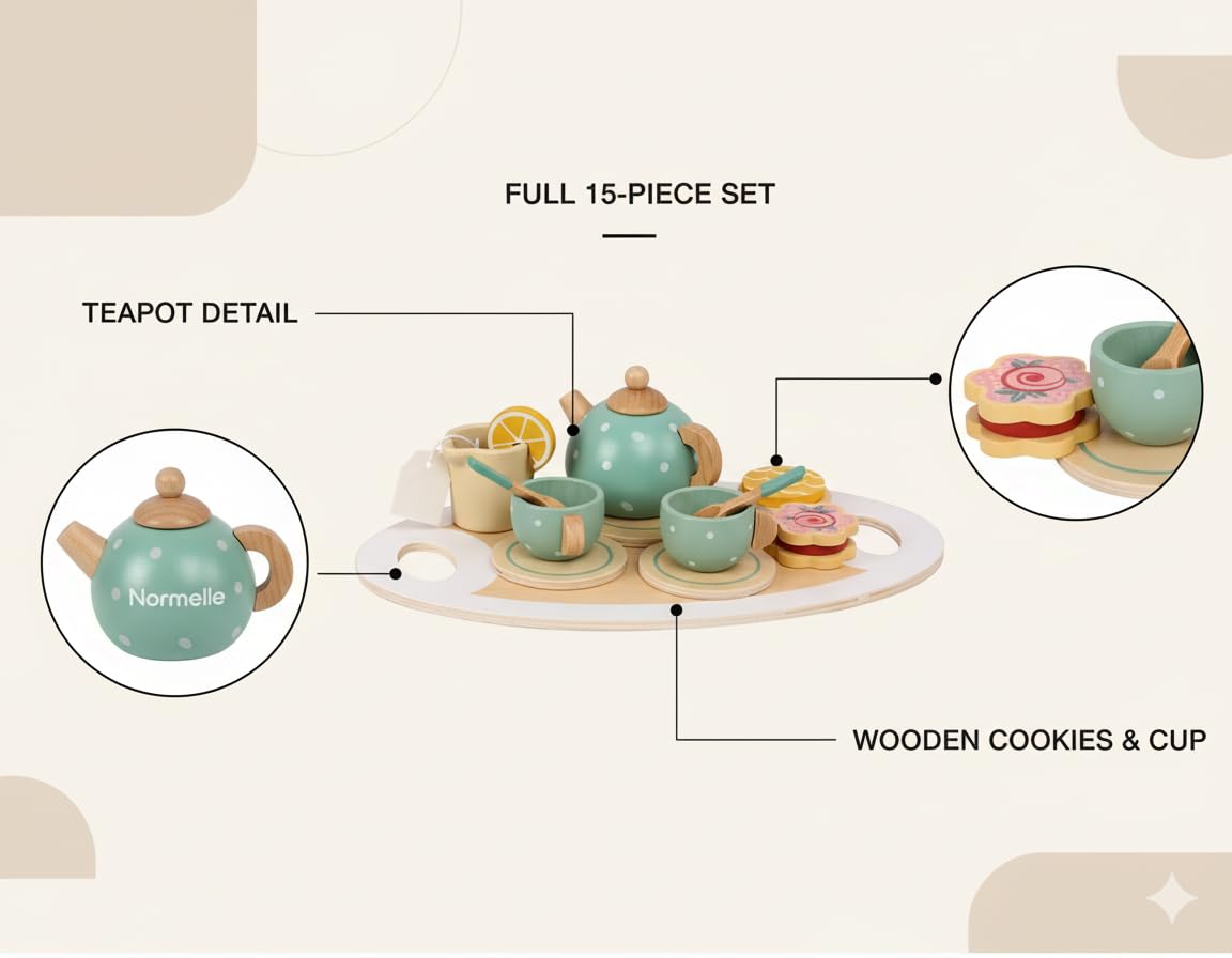 Wooden Tea Set Toy for Kids with Tray, Cups, Teapot, Milk Jug, Spoon, Cookie, Pretend Play Kitchen Accessories for Girls and Boys Ages 3-8, Afternoon Tea Party Set for Toddler Role Play - Image 6