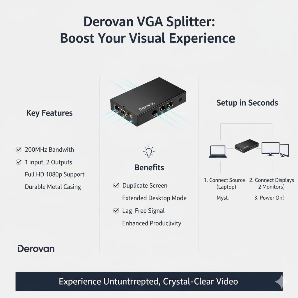 1‑to‑2 VGA Splitter | 1920×1440 Resolution @60 Hz, 200 MHz Bandwidth, Up to 30 m Transmission, Gold‑Plated Connectors, Plug‑and‑Play VGA Duplicator - Image 7