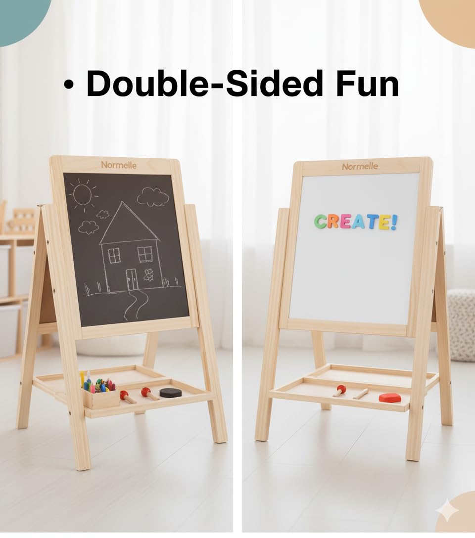 Foldable Wooden Easel Board for Kids | Double-Sided Blackboard & Whiteboard with Chalk, Marker, Eraser, Storage Tray | Adjustable Stand Art & Drawing Board for Toddlers 3+ Years - Image 7