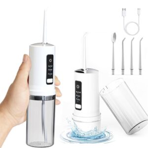 Water Flosser – Portable Dental Flosser – IPX7 Waterproof Oral Irrigator, Rechargeable with 3 Pressure Settings, 220ml Tank & 4 Tips, Compact Flosser for Travel & Braces