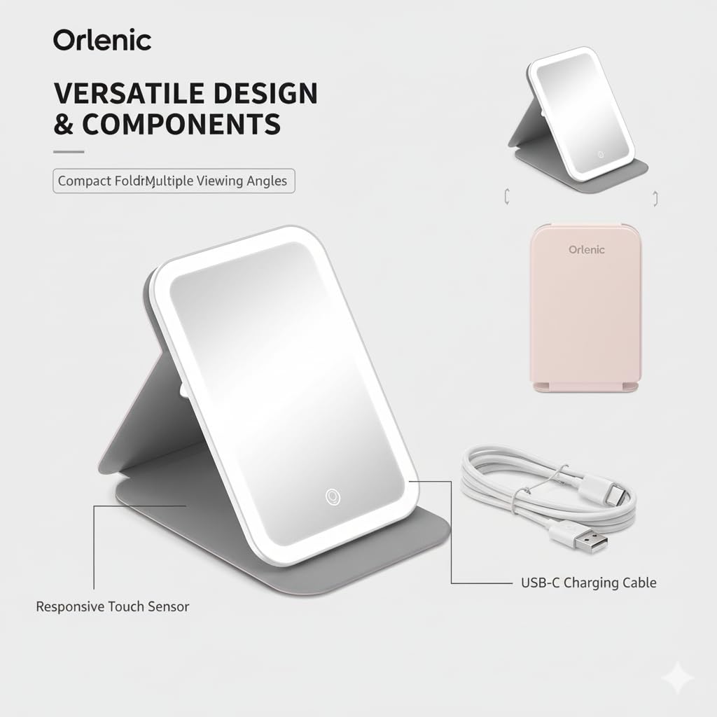 Foldable LED Travel Makeup Mirror with 60 LED Lights, Rechargeable Compact Vanity Mirror with 3 Color Lights, Adjustable Brightness, 360° Rotating Folding Lighted Mirror for Travel - Pink - Image 6