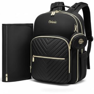 Quilted Diaper Bag Backpack with Changing Pad & Pacifier Holder, Waterproof Baby Travel Bag with USB Charging Port, 18 Pockets, Insulated Bottle Holders & Laptop Compartment – Black