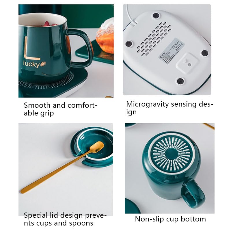 Green Portable Coffee/Tea Warmer - Auto Shut On/Off, Ceramic Cup, Electric Mug Warmer for Office/Home Desk. Set with Lid, Spoon, Heating Pad - Image 5