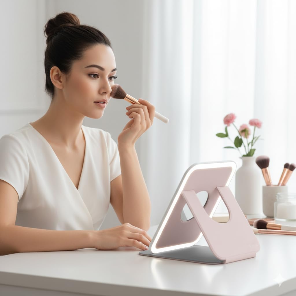 Foldable LED Travel Makeup Mirror with 60 LED Lights, Rechargeable Compact Vanity Mirror with 3 Color Lights, Adjustable Brightness, 360° Rotating Folding Lighted Mirror for Travel - Pink - Image 2