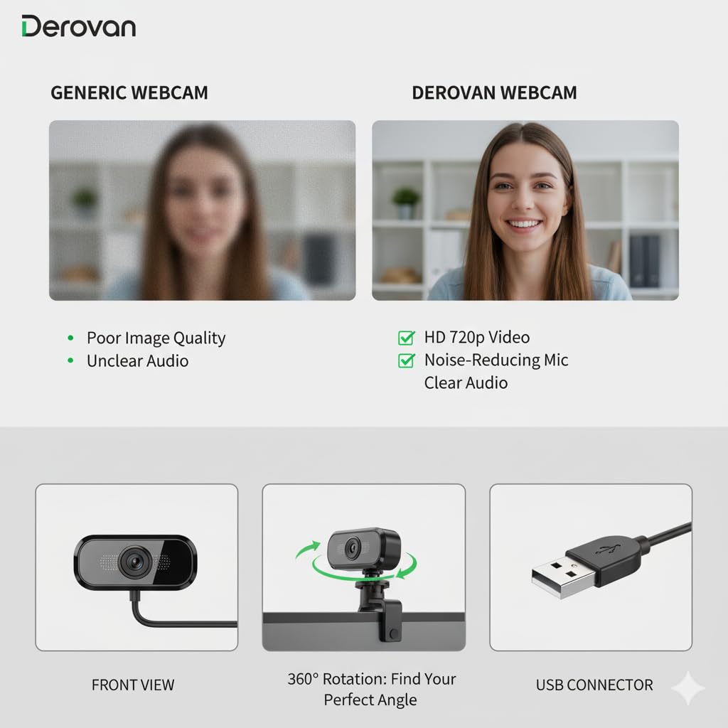 D270 HD Webcam (720p) – USB‑A Plug‑and‑Play with Noise‑Reducing Microphone & Auto-Light Correction - Image 6