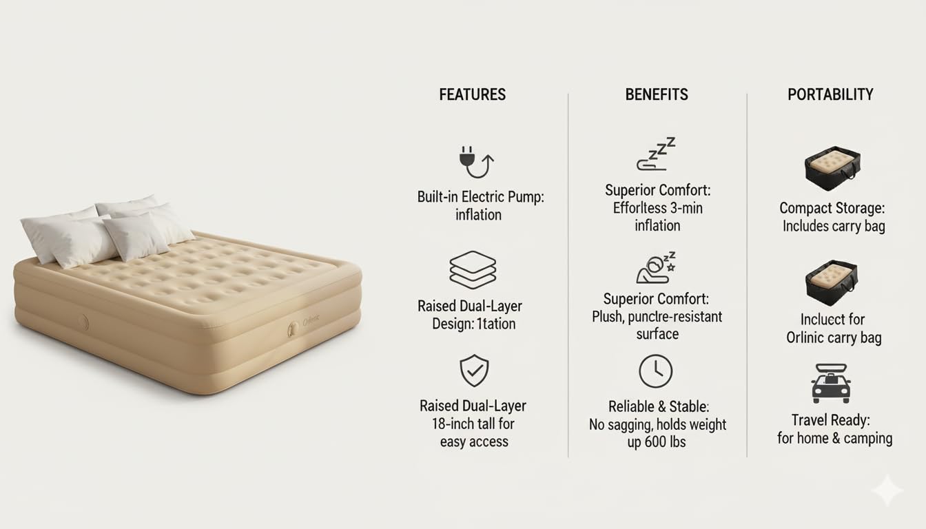 Inflatable Queen Air Mattress with Built-in Pump, Waterproof Portable Air Bed for Home, Guest, Travel, and Camping, Puncture-Resistant Ultra Plush Design, 78 x 56 x 15 Inches – Tan - Image 5