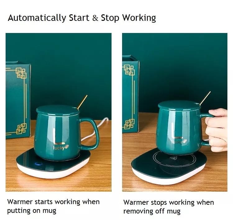 Green Portable Coffee/Tea Warmer - Auto Shut On/Off, Ceramic Cup, Electric Mug Warmer for Office/Home Desk. Set with Lid, Spoon, Heating Pad - Image 7
